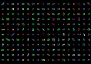 Illustration of new compounds being tested to illustrate the MatterGen diffusion model from Microsoft that uses AI to speed up materials discovery.