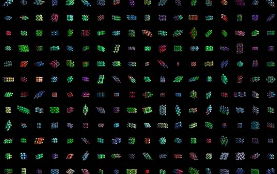 Illustration of new compounds being tested to illustrate the MatterGen diffusion model from Microsoft that uses AI to speed up materials discovery.